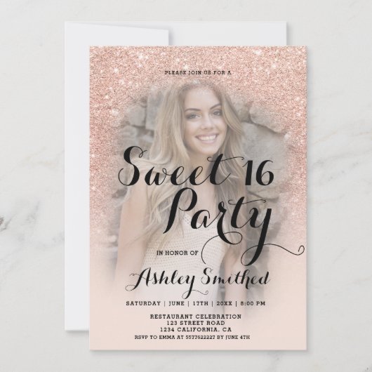 シックモダン赤面バラ金ゴールドグリッターフォトスイート16 招待状 (正面)