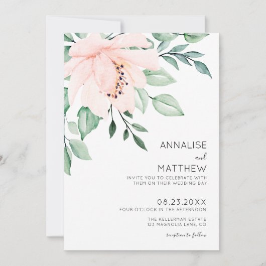 シックモダン赤面ピンクウォーターカラーフローラ結婚ズ 招待状 (正面)
