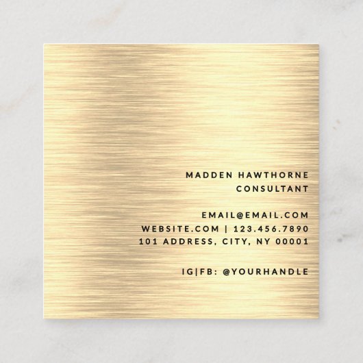 シックモダン赤面ピンクフェイク金ゴールドブラッシュメタル スクエア名刺 (裏面)