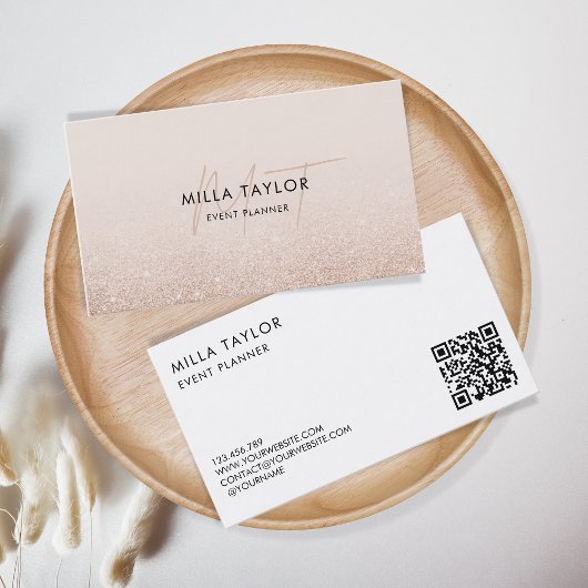 シックモダン赤面ピンクモノグラムフェミニンQRコード 名刺