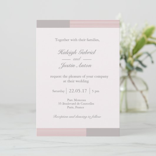 シックモダン赤面ピンク白グレーストライプ結婚ズ 招待状 (スタンド正面)