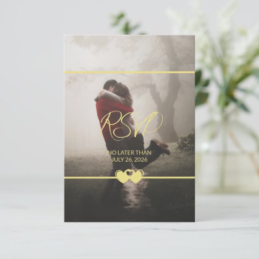 シックモダン追加フォトウェディングRSVP応答カード 出欠カード (スタンド正面)