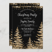 シックモダン金ゴールドグリッタークリスマスツリーパーティー 招待状 (正面/裏面)