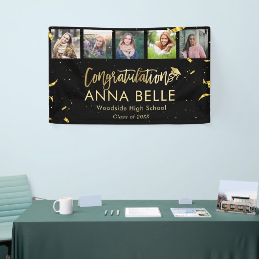 シックモダン金ゴールドスクリプトフォトコラージュ卒業 横断幕 (トレードショー)