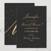 シックモダン金ゴールドスペックオンブラックメイド・オブ・オーナー(花嫁付き添い人) 招待状 (正面/裏面)