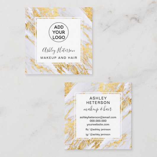 シックモダン金ゴールドフォイル大理石ロゴヘア化粧 スクエア名刺 (正面/裏面)
