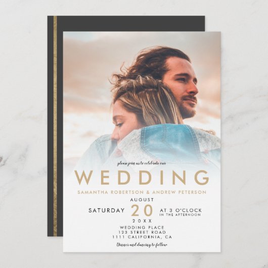 シックモダン金ゴールドホワグラデーションイシンプルト写真結婚s 招待状 (正面/裏面)