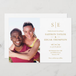 シックモダン金ゴールドモノグラム結婚フォト 招待状