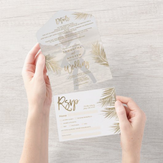 シックモダン金ゴールドヤシの木のトロピカル結婚的な写真 オールインワン招待状 (貼ってはがせる)