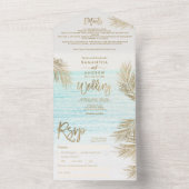 シックモダン金ゴールドヤシの木の熱帯ビーチ結婚式 オールインワン招待状 (内側)