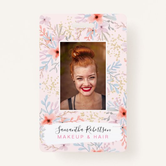 シックモダン金ゴールド絵を描フローラ従業員の写真パス バッジ (正面)