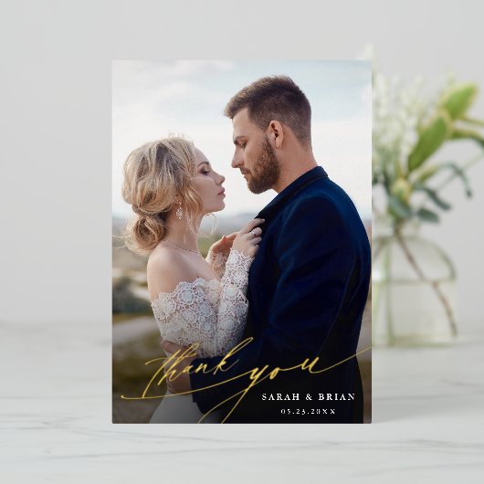 シックモダン2フォトゴールドフォイルサンキューカード 箔招待状 (立ち正面)