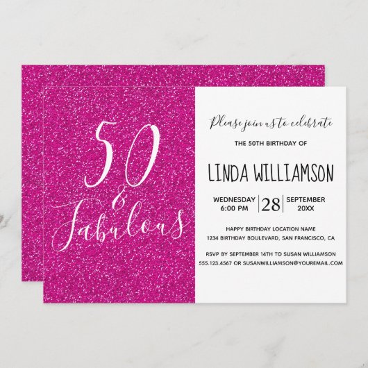 シックモダン50素晴らしいピンクグリッター50誕生日 招待状 (正面/裏面)