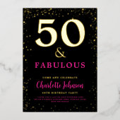 シックモダン50thバースデーパーティーピンクブラック金ゴールド 箔招待状 (正面)