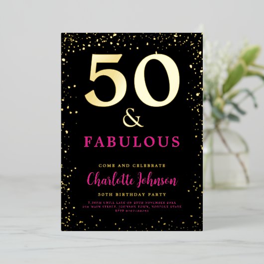 シックモダン50thバースデーパーティーピンクブラック金ゴールド 箔招待状 (立ち正面)