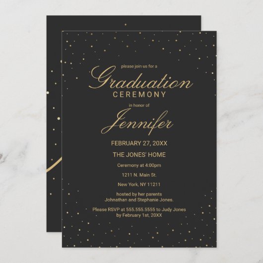 シックモダン·金ゴールドが黒の卒業式で斑入り 招待状 (正面/裏面)