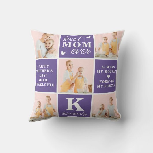 シックモダンMOMフォトコラージュパーソナライズされたパープル クッション (裏面)