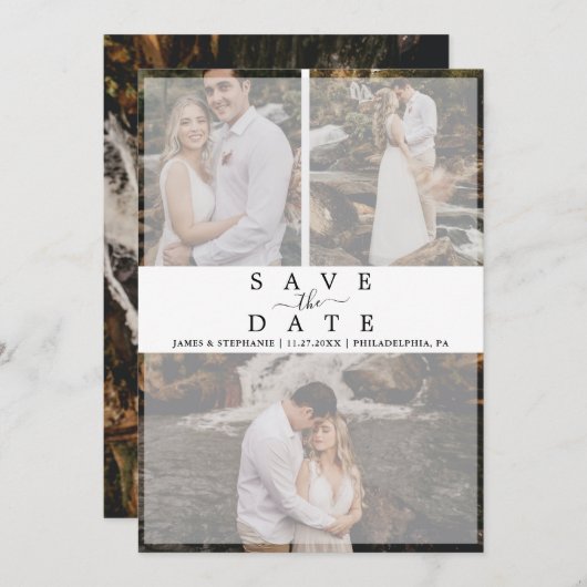 シックモダンVellumエフェクトフォトコラージュ結婚ズ セーブザデート (正面/裏面)
