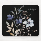 シックモノグラムのかわいらしウォーターカラーブルーフラワー マウスパッド (正面)