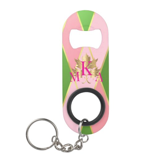 シックモノグラムのなピンクと緑 キーホルダー栓抜き (正面)
