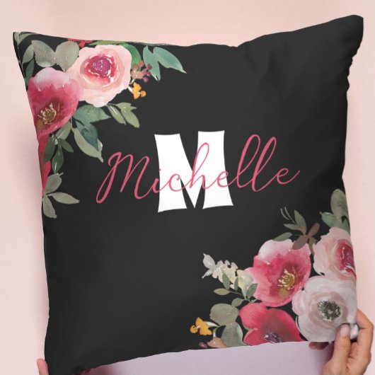 シックモノグラムのなピンクのフローラ水色 クッション