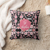 シックモノグラムのなピンク色の花の模様（黒） クッション (ブランケット)