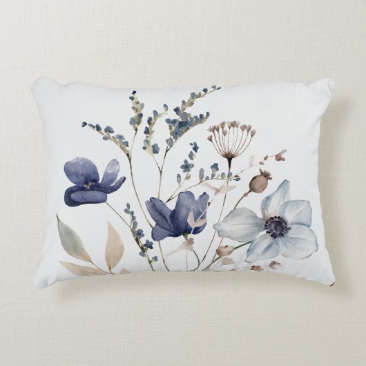 シックモノグラムのエレガントウォーターカラーブルーフラワー アクセントクッション