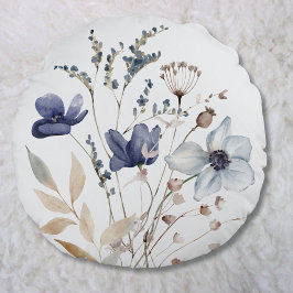 シックモノグラムのエレガントウォーターカラーブルーフラワー ラウンドクッション