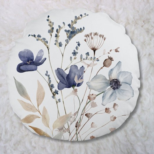 シックモノグラムのエレガントウォーターカラーブルーフラワー ラウンドクッション