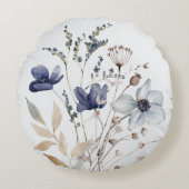 シックモノグラムのエレガントウォーターカラーブルーフラワー ラウンドクッション (正面)