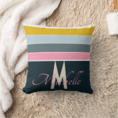 シックモノグラムのピンクとネイビーブルーのティール(緑がかった色)ストライプ クッション (ブランケット)