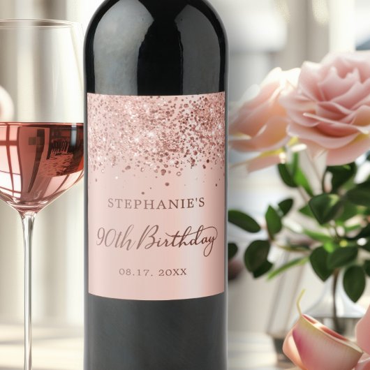 シックモノグラムバラゴールドフォイルグリッター90th誕生日 ワインラベル