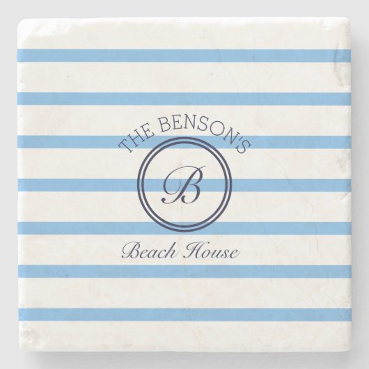 シックモノグラムブルーストライプビーチズファミリーネーム ストーンコースター (正面)