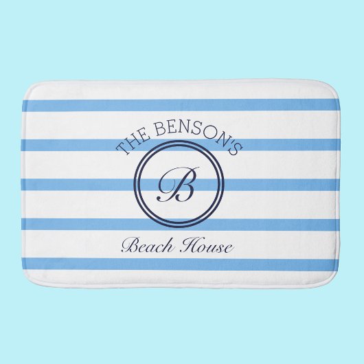シックモノグラムブルーストライプビーチズファミリーネーム バスマット