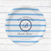 シックモノグラムブルーストライプビーチハウス ペーパープレート