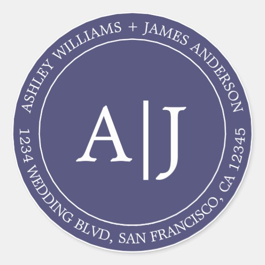 シックモノグラム結婚ズ差出人住所ネイビーブルー ラウンドシール (正面)