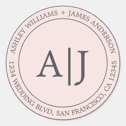 シックモノグラム結婚ズ差出人住所パステルピンク ラウンドシール (正面)