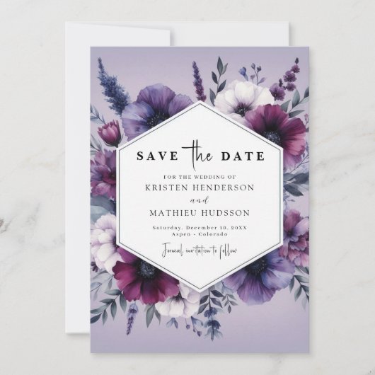 シックユニークパープルフローラ結婚ズ セーブザデート (正面)