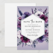 シックユニークパープルフローラ結婚ズ セーブザデート (正面/裏面)