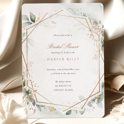 シックユーカリフェイク金ゴールドグリッターブライダルシャワー 招待状