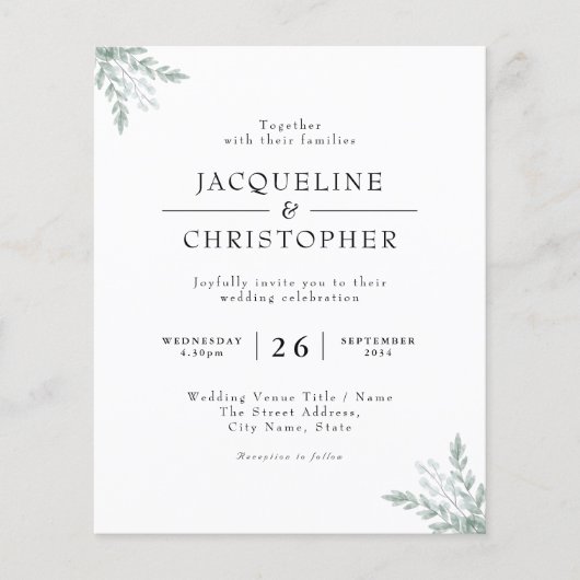 シックユーカリプトゥスバジェットフローラ結婚式招待状 (正面)