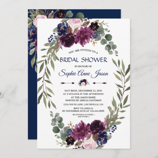 シックラベンダーネイビーブルーフローラ開花ブライダルシャワー 招待状 (正面/裏面)