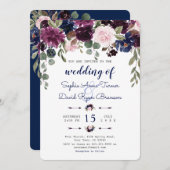 シックラベンダーネイビーブルーフローラ開花結婚ズ 招待状 (正面/裏面)