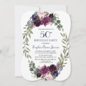 シックラベンダーネイビーブルーフローラ開花50th誕生日 招待状 (正面)