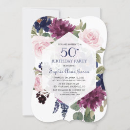 シックラベンダーパープルフローラ開花50th誕生日 招待状