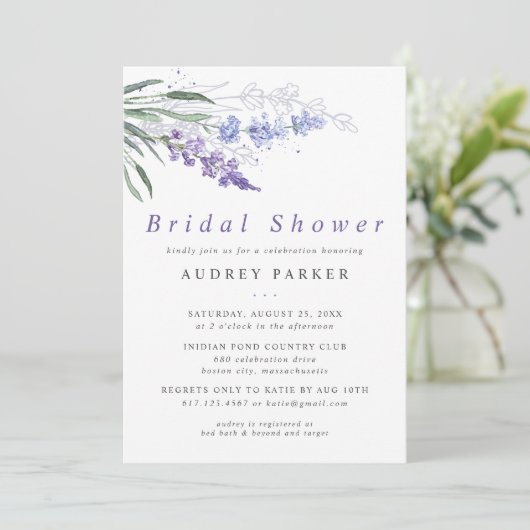 シックラベンダーフローラウォーターカラーブライダルシャワー 招待状 (スタンド正面)