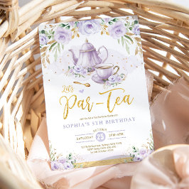 シックラベンダー金ゴールドフローラガールズ誕生日ティーパーティー 招待状