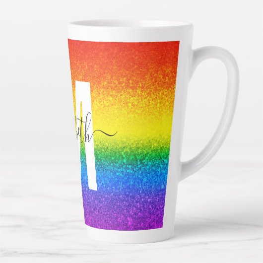 シックレインボーグリッターストライプモノグラム名 カフェラテマグ (右)