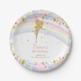 シックレインボーフェアリーガール誕生日ピンクフローラ ペーパープレート