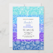 シックレインボーブルーストライプフローラフォト誕生日 招待状 (正面)